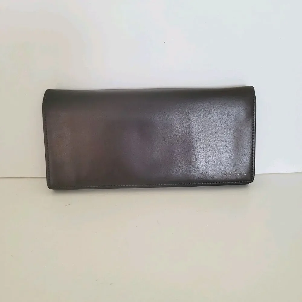 Paul Smith Designer Checkbook Card Bill Holder Wallet Brown Blue Bifold Leather
